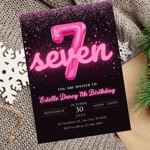 Editable Pink 7th Birthday Invitation Glitter Birthday Party Girl Instant Download Digital Template