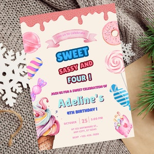 Editable Candy Sweet Sassy Girl birthday invitation, Pink Four Year Dessert Invite, Candy Sweets Donut Ice Cream Cupcake Invitation Template