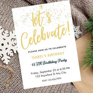 Uitnodiging voor feest Afdrukbare verjaardag bewerkbare verjaardagsuitnodiging gouden glitter bewerkbare sjabloon direct downloaden