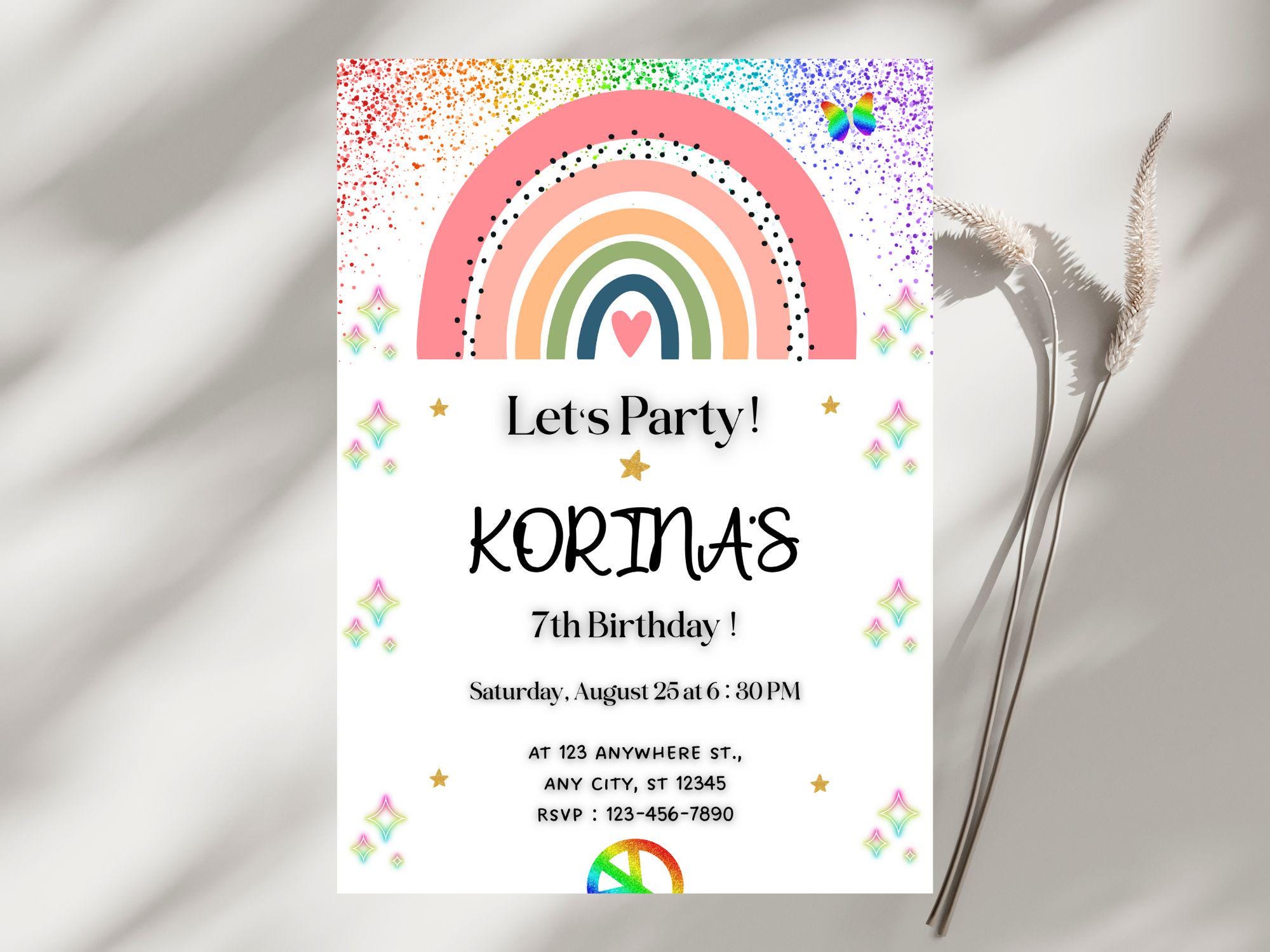 Editable Rainbow Glitter Birthday Party Invitation Template, Colorful ...