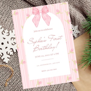 Pink Bow 1st Birthday Invitation Girl, Pink Coquette Bow Invitation, Bow Theme Invite, Minimalist Pink Watercolor Ribbon Birthday Invitation