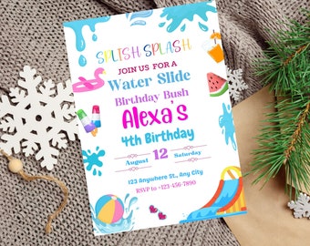Editable Water Slide Birthday Invitation, Waterslide Splash Pool Party Birthday Invite, Water Park Invitation, Girl Pink Birthday