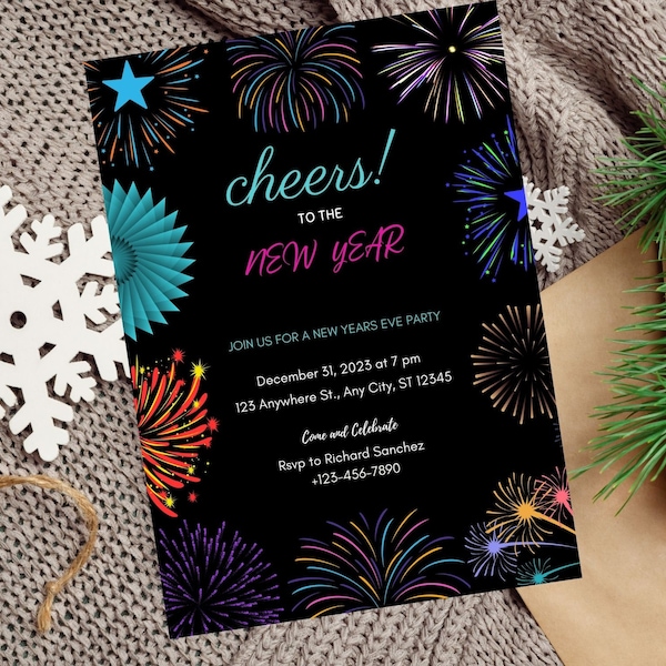 Editable NYE Fireworks Party Invitation Template, Cheers to the New Year, Editable New Years Party Invite, New Years Invitation