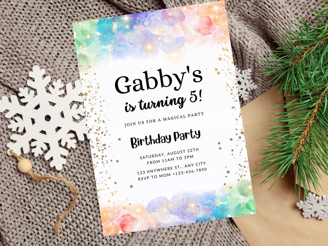 EDITABLE Colorful Watercolor Gold Glitter Rainbow Birthday Invitation ...
