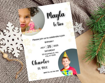 Invito di compleanno congiunto modificabile, modello di invito di compleanno doppio, inviti di compleanno per bambini modificabili, invito di compleanno, modello Canva
