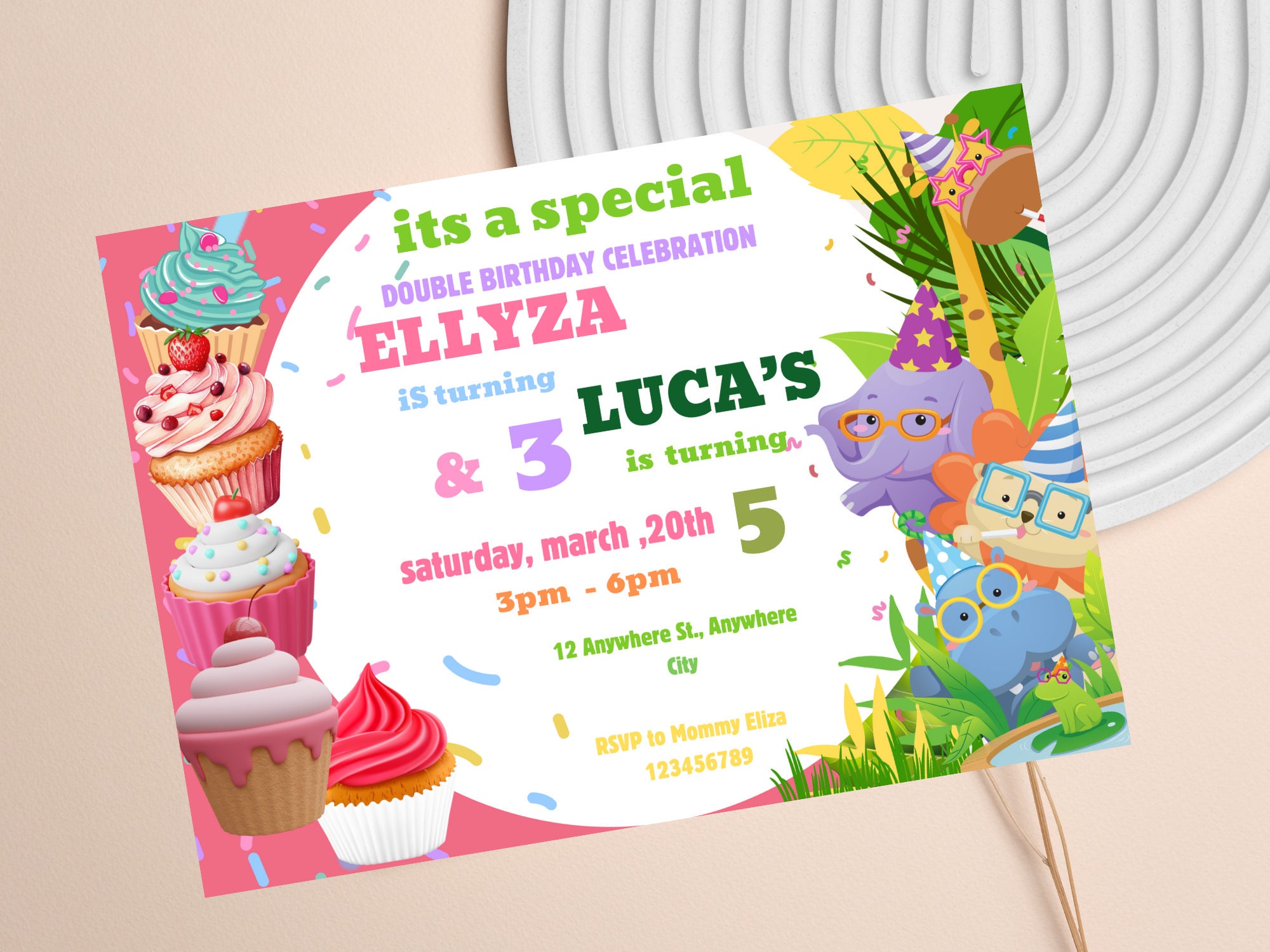 Editable Dual Invitation, Double Invitation Template, Sibling Twins ...