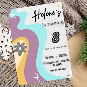 Convite de aniversário editável com margaridas, modelo de convite para festa floral retrô, cartão de aniversário clássico minimalista para impressão para qualquer idade