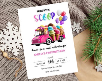 Plantilla editable de invitación de cumpleaños para camión de helados, fiesta de cumpleaños infantil con helados, imprimible de cumpleaños con la primicia, invitación para un dulce.