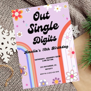 Out Single Digits Birthday Invitation, Daisy Groovy Birthday Invite, Editable Double Digits Birthday Party, Peace Out Single Digits Invite