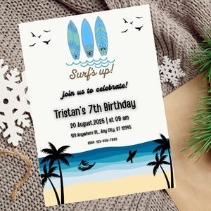 Surf Birthday Invitation, Editable Beach Party Invite Template, Summer Surf&#39;s Up Printable, Digital Download for Kids or Teens Party