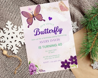 Może przedstawiać: Fioletowe zaproszenie na przyjęcie urodzinowe z cekinami i kwiatowymi akcentami. Zaproszenie zawiera napis "Our Little Butterfly Avery Davis is turning 40. On April 12th at 2pm. At 123 anywhere st., any city, st 12345. RSVP: 123-456-7890"