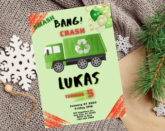 May include: A light green birthday invitation featuring a green garbage truck with a recycling symbol. The invitation includes the name "LUKAS" and the age "5", along with event details. The design incorporates red brushstroke accents and green balloons.