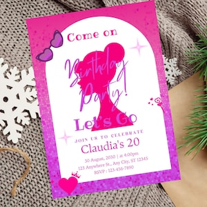 Editable Invitation Pink Doll Birthday Party, Pink Sparkle Birthday Invitation, Doll Invitation template,