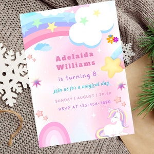 Invito di compleanno modificabile per bambina unicorno, modello di invito per festa rosa, magico unicorno arcobaleno pastello, festa di compleanno unicorno arcobaleno