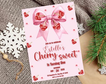 Cherry Sweet Birthday Invitation | Pink Bow Girl Party Invite | Cute Cherries Birthday Template | Editable Canva | Digital Download