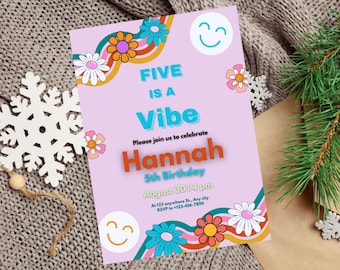 Five is a Vibe Birthday Invitation Template, EDITABLE Five is A Vibe Birthday Invitation, 5th Bday Invite, Smile Face Party, Daisy Invite