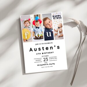 K&ouml;nnte beinhalten: Eine wei&szlig;e Geburtstagseinladung mit einer Collage von Fotos eines kleinen Jungen. Die Einladung lautet "Feiern Sie mit uns Austens 4. Geburtstag" und enth&auml;lt Datum und Uhrzeit der Party. Die Einladung ist mit bunten Luftballons und dem Wort "vier" in gro&szlig;en Buchstaben verziert.