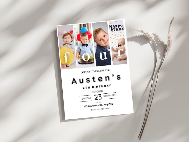K&ouml;nnte beinhalten: Eine wei&szlig;e Geburtstagseinladung mit einer Collage von Fotos eines kleinen Jungen. Die Einladung lautet "Feiern Sie mit uns Austens 4. Geburtstag" und enth&auml;lt Datum und Uhrzeit der Party. Die Einladung ist mit bunten Luftballons und dem Wort "vier" in gro&szlig;en Buchstaben verziert.