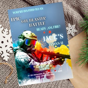 Edytowalny szablon zaproszenia urodzinowego Gel Blaster, cyfrowe zaproszenie na imprezę dla dzieci lub nastolatków, motyw imprezy bitewnej, do pobrania w formacie Canva