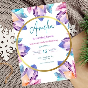 Crystal Gemstone Birthday Invitation Template, She&#39;s a Gem Birthday Invitation, Editable Geology Rock Invite, Colorful Crystal Birthday