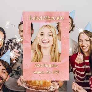Photo Booth Frame, Photo Prop Frame Printable Template, Editable Birthday Selfie Frame, Pink And Gold Birthday Photo Decor, Sweet 16 Bday