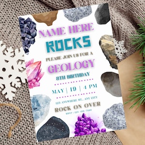 Modèle d&#39;Invitation de fête d&#39;anniversaire de géologie, invitation d&#39;anniversaire de roche modifiable, anniversaire d&#39;exploitation minière de gemme de cristal de géode, anniversaire d&#39;exploitation minière de chasse de roche