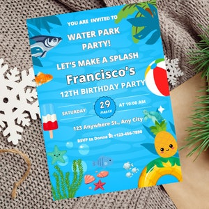 Editable Water Park Birthday Party Invitation, Shark And Pineapple Waterpark Party Invite, Summer Waterslide invitation, Canva Invitation