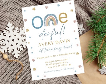 Rainbow 1st Birthday Invitation, Editable Onederful Invitation, Digital Modern Rainbow First Birthday Invite, Pastel Rainbow Invitation