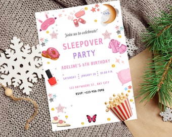 Invitación de cumpleaños de fiesta de pijamas editable Fiesta de pijamas Plantilla imprimible de descarga instantánea rosa