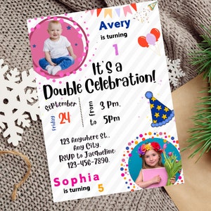Editable Sibling Birthday Invitation, Double Birthday Invitation Template, Editable Kids Birthday Invites, Birthday Invite, Canva Template