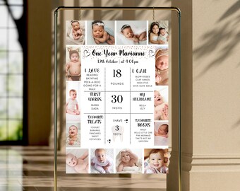 Könnte beinhalten: Ein weißer und goldener druckbarer Poster mit einer Collage von Fotos eines kleinen Mädchens. Der Poster enthält Details über das erste Jahr des Babys, einschließlich Gewicht, Größe, Lieblingsessen und Bücher. Der Text auf dem Poster lautet "One Year Marianne 19th October at 4:00pm".