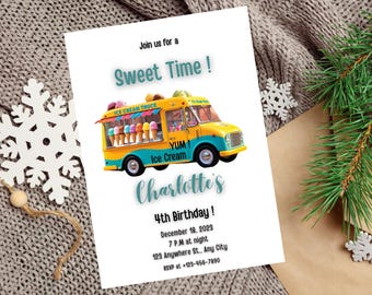 Plantilla editable de invitación de cumpleaños para camión de helados, fiesta de cumpleaños infantil con helados, imprimible de cumpleaños con la primicia, invitación para un dulce.