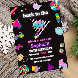Editable 90s Birthday Party Invitation back to the 90s Neon party glow dance disco birthday 90s instant download