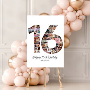 Plantilla de collage de fotos para 16.º cumpleaños, cartel de bienvenida para 16.º cumpleaños, cartel de hito para 16.º cumpleaños neutral, mira quién tiene 16, Canva