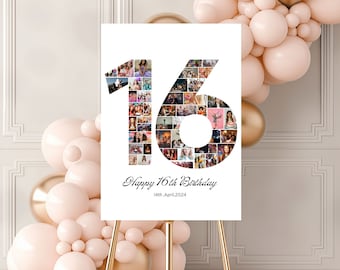16th Birthday Photo Collage Template, 16th Birthday Welcome Sign, Gender Neutral 16th Birthday Photo Milestone Sign, Look Who&#39;s 16, Canva