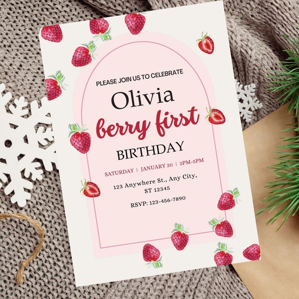 EDITABLE Berry First Birthday Invitation Strawberry Digital Invitation Birthday Berry 1st birthday