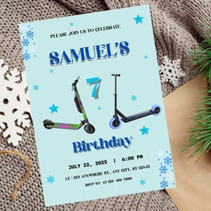 Invitation de fête d'anniversaire de patinage de scooter modifiable, invitation de fête d'anniversaire de scooter de garçon, modèle d'invitation d'anniversaire de scooter bleu, imprimable