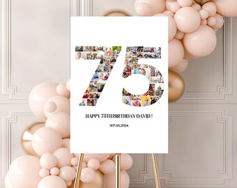 75th Birthday Photo Collage Template, 75th Birthday Welcome Sign, Gender Neutral 75th Birthday Photo Milestone Sign, Look Who's 75, Canva