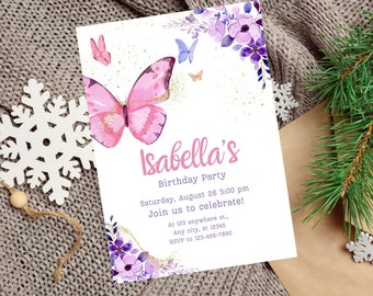 Editable Butterfly Birthday Invitation Girl Template Printable, Butterfly Invitation, Editable Butterfly invitation