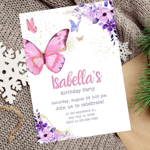 Editable Butterfly Birthday Invitation Girl Template Printable, Butterfly Invitation, Editable Butterfly invitation
