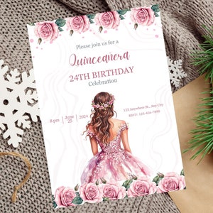 Pink Quinceanera Invitation,  Floral Princess Quinceanera Invitation, Pink Mis Quince  Birthday, Girl Birthday Invitation, Quinceanera Theme