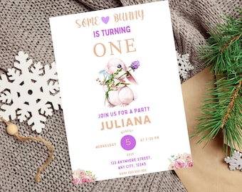 Bunny Birthday invitation Some bunny is turning one Birthday invitation Pink Floral Spring Rabbit Birthday Invitation Instant Download