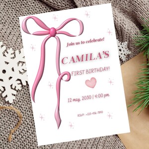 Pink Bow 1st Birthday Invitation Girl, Pink Coquette Bow Invitation, Bow Theme Invite, Minimalist Pink Watercolor Ribbon Birthday Invitation