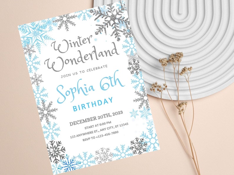 Snowflakes Birthday Invitation Girl Editable Template, Winter ...
