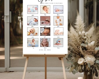 Könnte beinhalten: Ein weißes Plakat mit dem Namen "Gabriel" in Kursivschrift oben. Das Plakat hat ein Raster mit 12 Fotos eines kleinen Jungen, jedes Foto mit einer Nummer von eins bis zwölf beschriftet. Das Plakat enthält auch den Text "My First Year in Pictures" und "June 04, 2024".