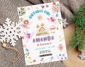 May include: A white invitation with a whimsical fairy theme. The invitation features a fairy house, flowers, and fairies. The text reads "Birthday Girl Amanda is Turning 1 August 20th at 5 PM 123 Anywhere St. Any City, ET 12345 RSVP to 123-456-7890".