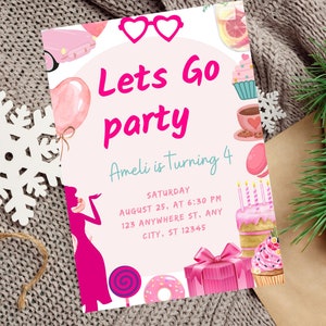 Hot Pink Birthday Party Invitation, Pink Doll Party Printable Invitation, Doll Invitation Template, Digital Birthday Invite, Come on Friends