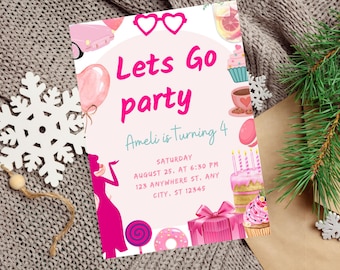 Hot Pink Birthday Party Invitation, Pink Doll Party Printable Invitation, Doll Invitation Template, Digital Birthday Invite, Come on Friends