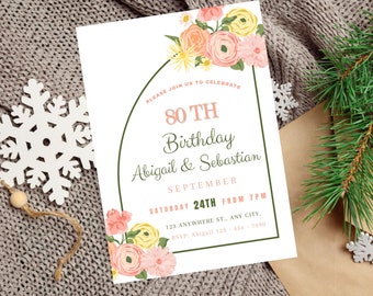 May include: A white invitation card with a floral border and text that reads "Please join us to celebrate 80th Birthday Abigail & Sebastian September Saturday 24th from 7pm 123 Anywhere St., Any City, RSVP: Abigail 123-456-7890"