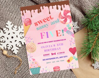 Editable Candy Sweet Sassy Girl Birthday Invitation, Blush Pink Dessert Party Invite, Five Year Birthday Canva Template